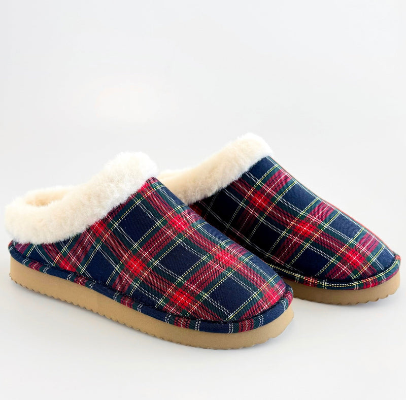No Box - Plaid Sherpa-Lined Slippers - Navy-250 Shoes-Corkys-Coastal Bloom Boutique, find the trendiest versions of the popular styles and looks Located in Indialantic, FL