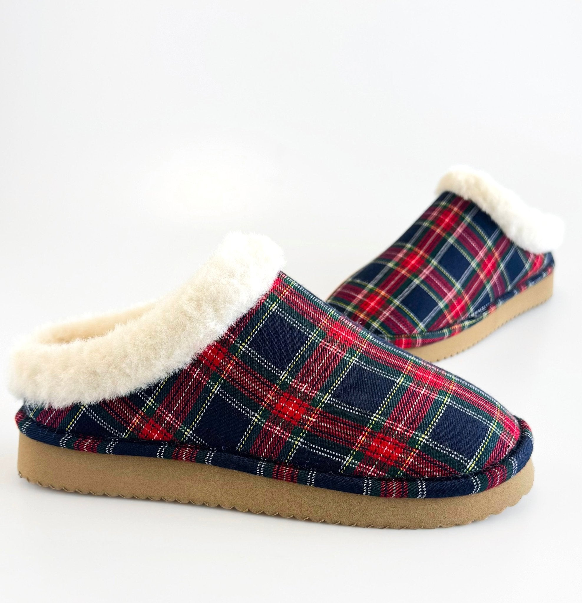 No Box - Plaid Sherpa-Lined Slippers - Navy-250 Shoes-Corkys-Coastal Bloom Boutique, find the trendiest versions of the popular styles and looks Located in Indialantic, FL