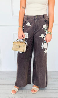 Noir Patchwork Floral Pants-190 Denim-Blue Velvet-Coastal Bloom Boutique, find the trendiest versions of the popular styles and looks Located in Indialantic, FL