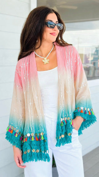 Ombre Fringe Tassel Coin Trim Detail Open Jacket