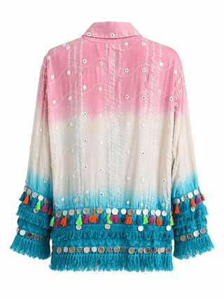 Ombre Fringe Tassel Coin Trim Detail Open Jacket