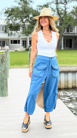 On The Go Italian Terry Pant- Steel Blue