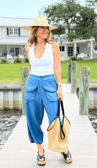 On The Go Italian Terry Pant- Steel Blue