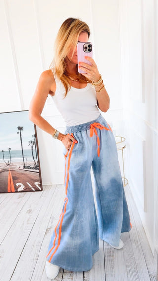 On Track Italian Wide Sweatpants- Denim/Orange