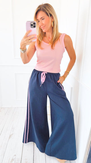 On Track Italian Wide Sweatpants- Navy/ Pink