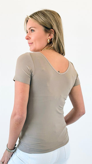 Seamless Reversible V-Neck Tee - Light Mocha-210 Loungewear/sets-YELETE-Coastal Bloom Boutique, find the trendiest versions of the popular styles and looks Located in Indialantic, FL