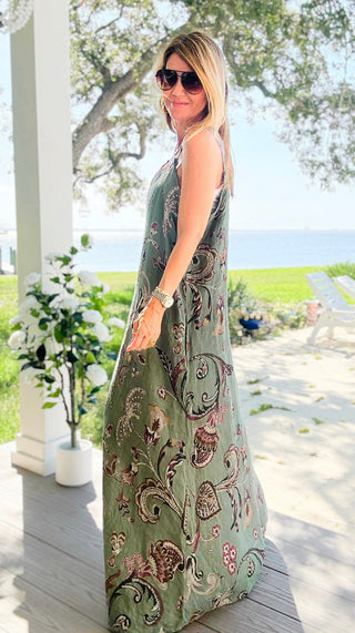 Paisley Button Strap Sleeveless Linen Italian Dress