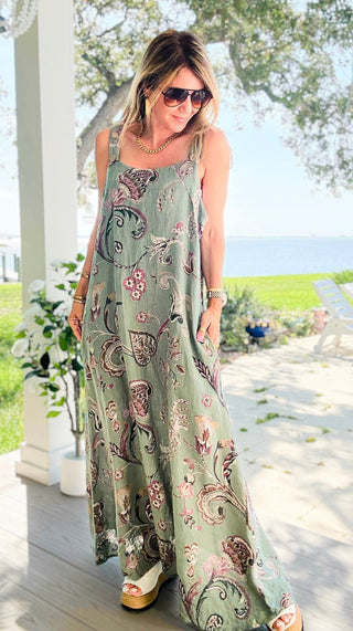 Paisley Button Strap Sleeveless Linen Italian Dress