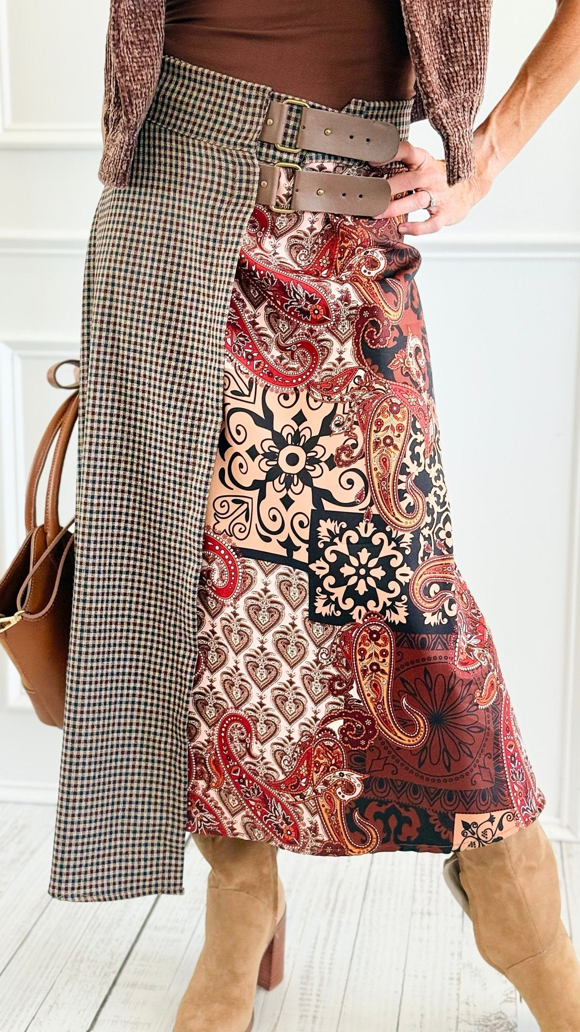 Paisley Meets Plaid Italian Skirt-170 Bottoms-AZUL MONACO-Coastal Bloom Boutique, find the trendiest versions of the popular styles and looks Located in Indialantic, FL