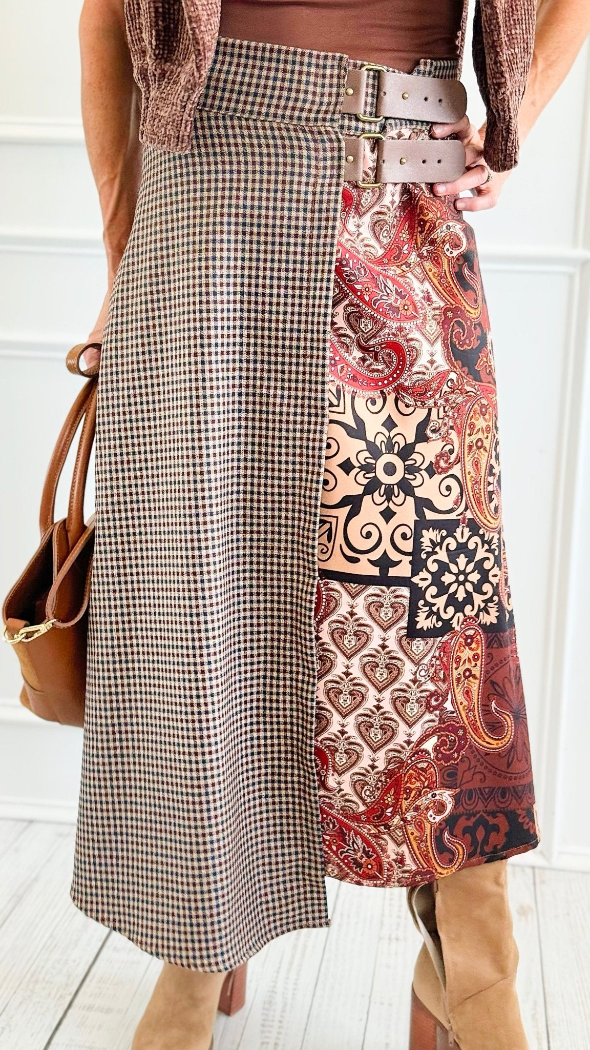 Paisley Meets Plaid Italian Skirt-170 Bottoms-AZUL MONACO-Coastal Bloom Boutique, find the trendiest versions of the popular styles and looks Located in Indialantic, FL