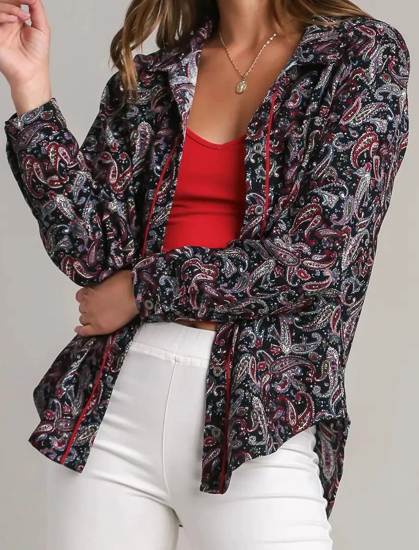Paisley Nights Button Down Top-130 Long Sleeve Tops-Umgee-Coastal Bloom Boutique, find the trendiest versions of the popular styles and looks Located in Indialantic, FL