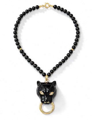 Panther Beaded Pendant Necklace - Black