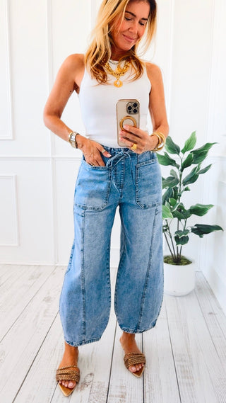 Paperbag Barrel Leg Patch Pocket Jeans