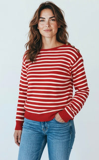 Parisian Pier Sweater - Red/Cream-140 Sweaters-Active Basic-Coastal Bloom Boutique, find the trendiest versions of the popular styles and looks Located in Indialantic, FL