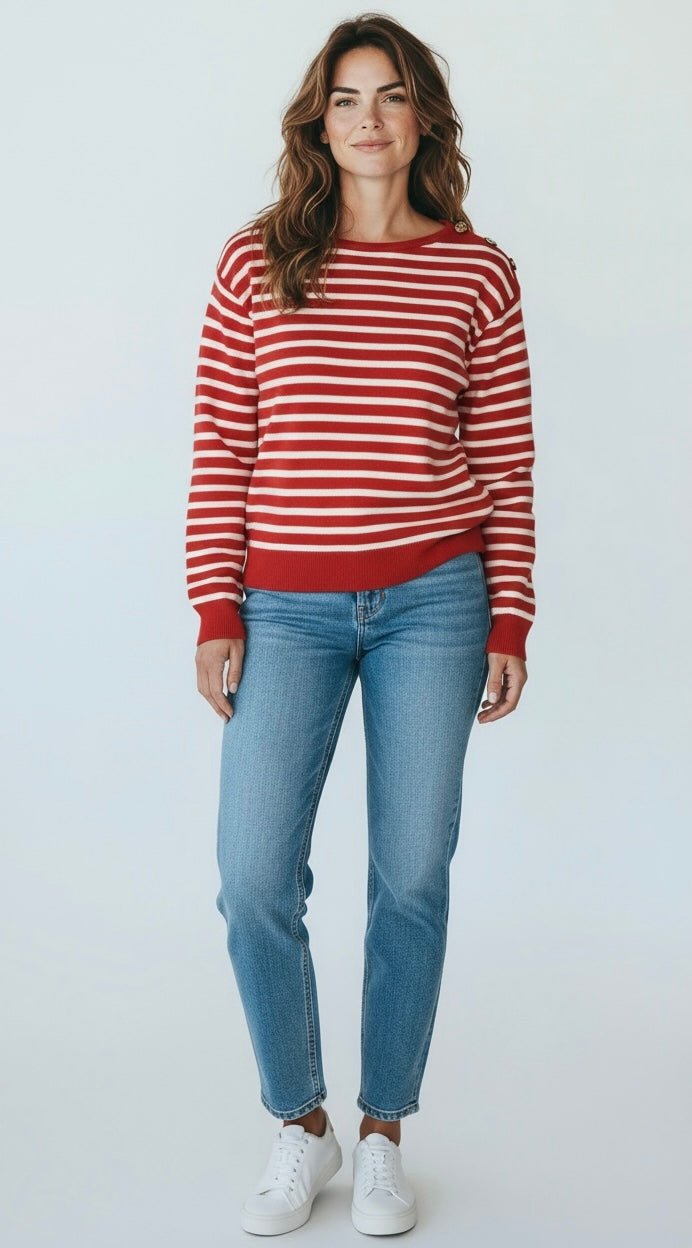 Parisian Pier Sweater - Red/Cream-140 Sweaters-Active Basic-Coastal Bloom Boutique, find the trendiest versions of the popular styles and looks Located in Indialantic, FL