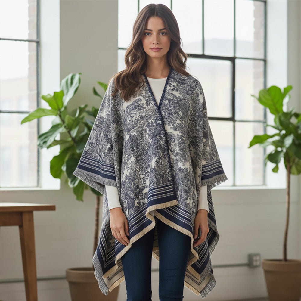 Park Avenue Textured Jacquard Ruana Poncho - Navy