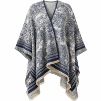 Park Avenue Textured Jacquard Ruana Poncho - Navy