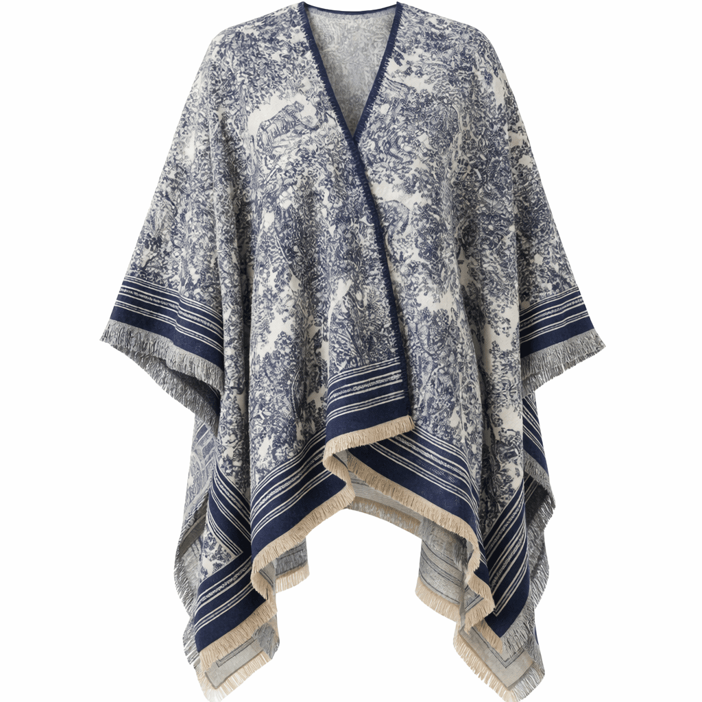 Park Avenue Textured Jacquard Ruana Poncho - Navy
