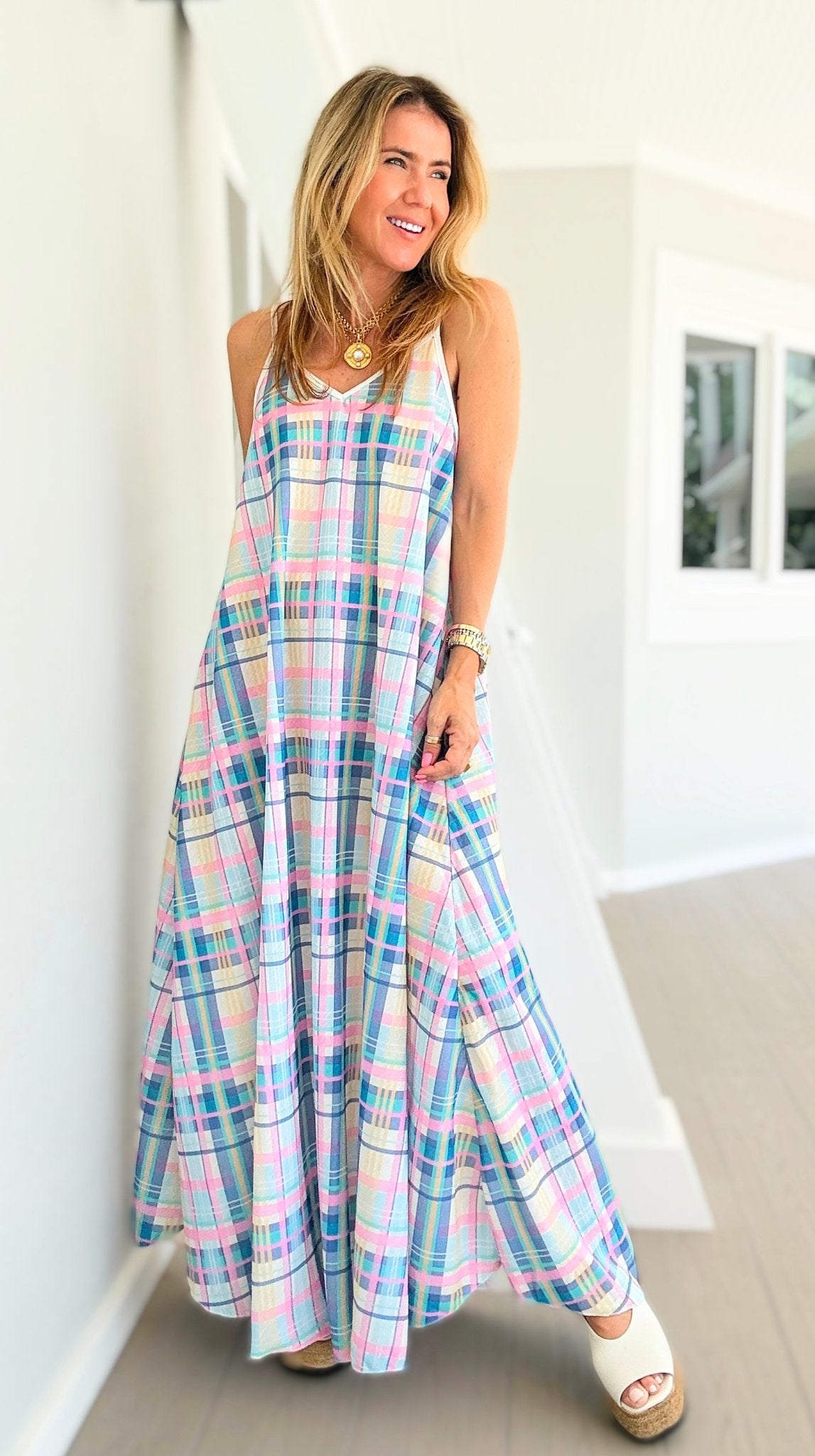 Pastel Plaid Slip Italian Dress