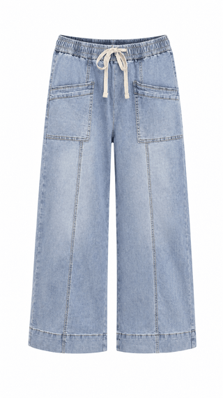 Patch Pocket High Waist Drawstring Wide Leg Jeans