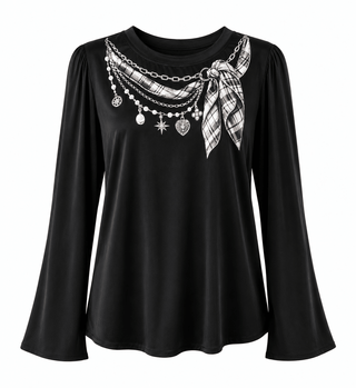 Pearls & Plaid Italian Silky Top- Black