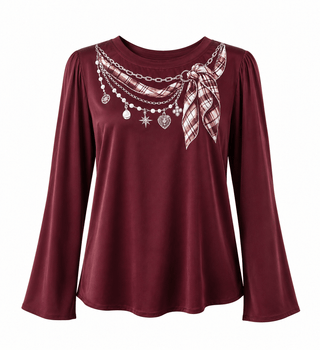 Pearls & Plaid Italian Silky Top- Burgundy