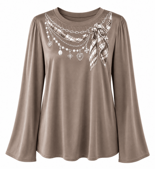 Pearls & Plaid Italian Silky Top- Taupe