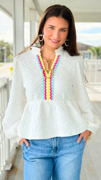 Peplum Prism Ruffle Trim Top