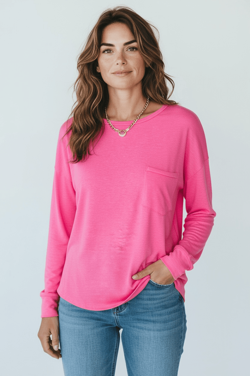 Pink Heather Long Sleeve Pocket T-Shirt-110 Long Sleeve Tops-sew in love-Coastal Bloom Boutique, find the trendiest versions of the popular styles and looks Located in Indialantic, FL