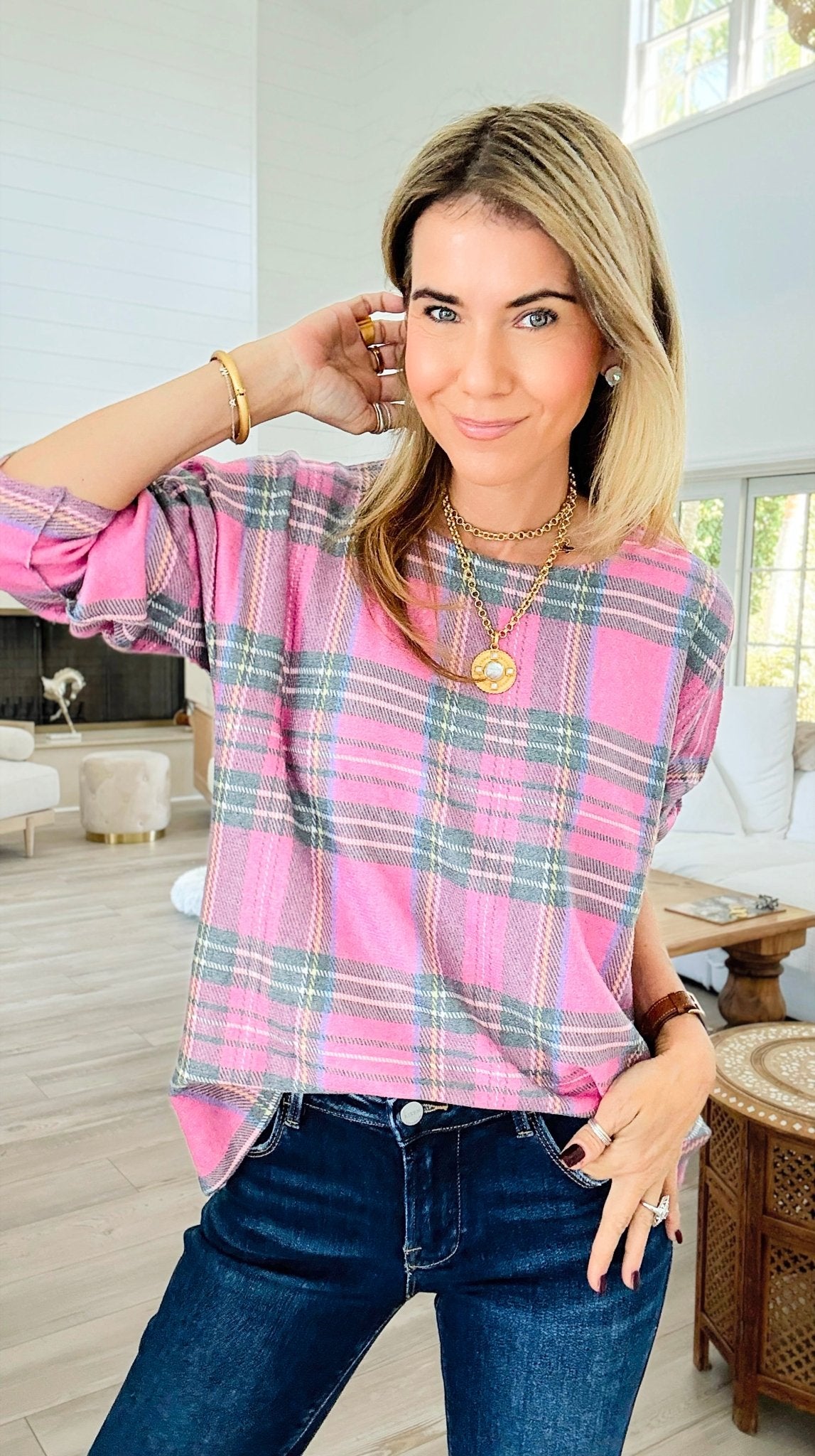 DAMAGED-Pink Plaid Italian Milano Sweater-140 Sweaters-SORPRESA-Coastal Bloom Boutique, find the trendiest versions of the popular styles and looks Located in Indialantic, FL