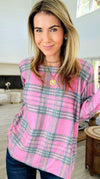 DAMAGED-Pink Plaid Italian Milano Sweater-140 Sweaters-SORPRESA-Coastal Bloom Boutique, find the trendiest versions of the popular styles and looks Located in Indialantic, FL
