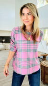 DAMAGED-Pink Plaid Italian Milano Sweater-140 Sweaters-SORPRESA-Coastal Bloom Boutique, find the trendiest versions of the popular styles and looks Located in Indialantic, FL
