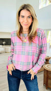 DAMAGED-Pink Plaid Italian Milano Sweater-140 Sweaters-SORPRESA-Coastal Bloom Boutique, find the trendiest versions of the popular styles and looks Located in Indialantic, FL