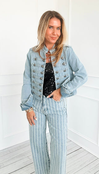Pinstripe Washed  Wide Leg Jeans