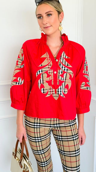 Plaid Appliqué Ruffle Neck Blouse Top - Red