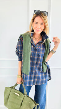Plaid Blossom Italian Button-Down Top- Navy-110 Long Sleeve Tops-TATTOO Z-Coastal Bloom Boutique, find the trendiest versions of the popular styles and looks Located in Indialantic, FL