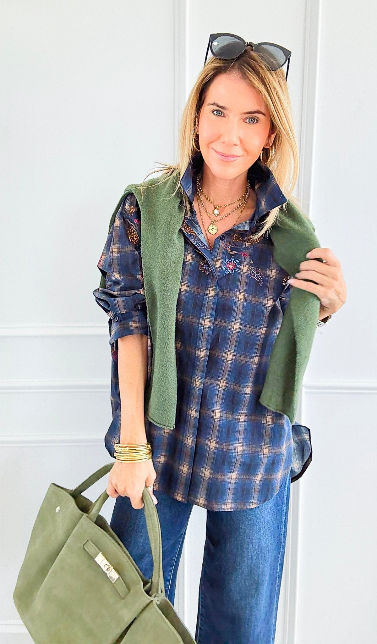 Plaid Blossom Italian Button-Down Top- Navy-110 Long Sleeve Tops-TATTOO Z-Coastal Bloom Boutique, find the trendiest versions of the popular styles and looks Located in Indialantic, FL