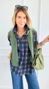 Plaid Blossom Italian Button-Down Top- Navy-110 Long Sleeve Tops-TATTOO Z-Coastal Bloom Boutique, find the trendiest versions of the popular styles and looks Located in Indialantic, FL