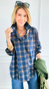Plaid Blossom Italian Button-Down Top- Navy-110 Long Sleeve Tops-TATTOO Z-Coastal Bloom Boutique, find the trendiest versions of the popular styles and looks Located in Indialantic, FL