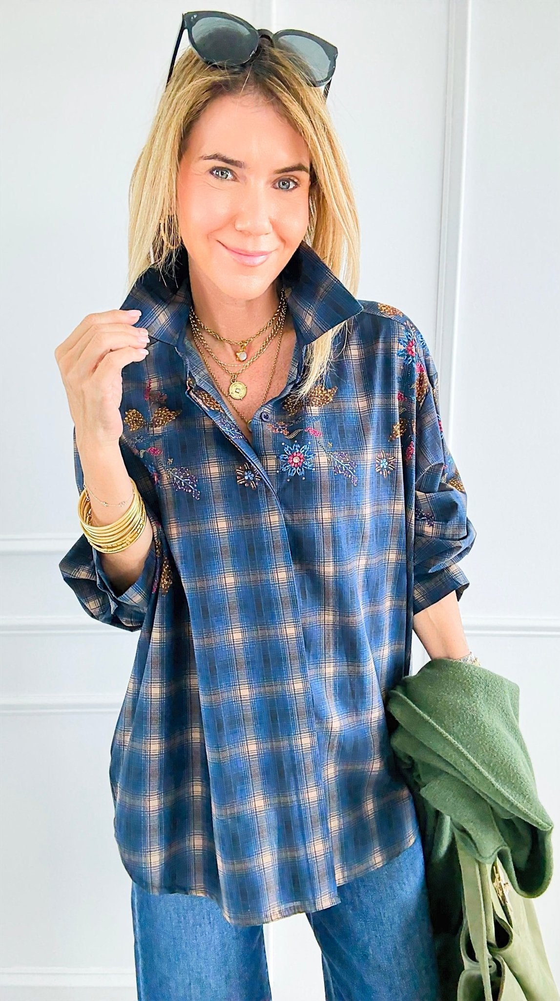 Plaid Blossom Italian Button-Down Top- Navy-110 Long Sleeve Tops-TATTOO Z-Coastal Bloom Boutique, find the trendiest versions of the popular styles and looks Located in Indialantic, FL