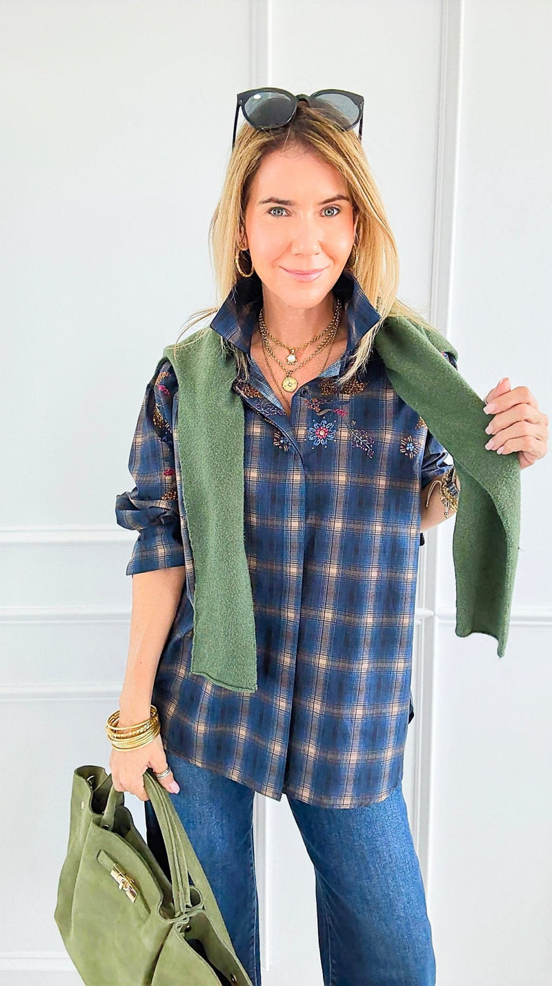 Plaid Blossom Italian Button-Down Top- Navy-110 Long Sleeve Tops-TATTOO Z-Coastal Bloom Boutique, find the trendiest versions of the popular styles and looks Located in Indialantic, FL