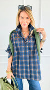 Plaid Blossom Italian Button-Down Top- Navy-110 Long Sleeve Tops-TATTOO Z-Coastal Bloom Boutique, find the trendiest versions of the popular styles and looks Located in Indialantic, FL