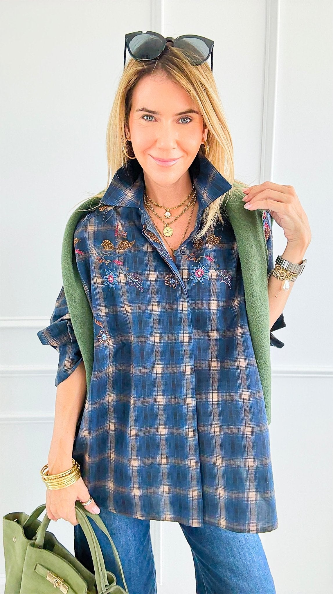 Plaid Blossom Italian Button-Down Top- Navy-110 Long Sleeve Tops-TATTOO Z-Coastal Bloom Boutique, find the trendiest versions of the popular styles and looks Located in Indialantic, FL