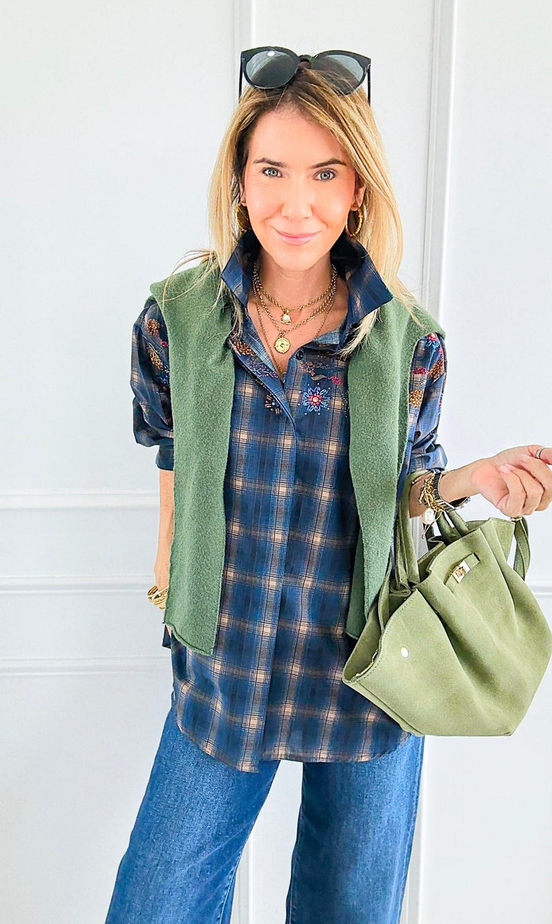 Plaid Blossom Italian Button-Down Top- Navy-110 Long Sleeve Tops-TATTOO Z-Coastal Bloom Boutique, find the trendiest versions of the popular styles and looks Located in Indialantic, FL