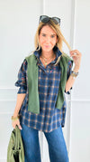 Plaid Blossom Italian Button-Down Top- Navy-110 Long Sleeve Tops-TATTOO Z-Coastal Bloom Boutique, find the trendiest versions of the popular styles and looks Located in Indialantic, FL