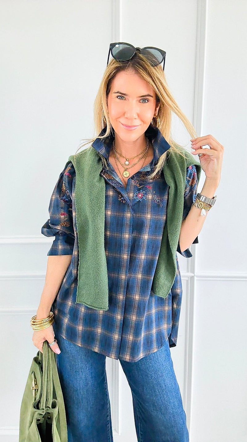 Plaid Blossom Italian Button-Down Top- Navy-110 Long Sleeve Tops-TATTOO Z-Coastal Bloom Boutique, find the trendiest versions of the popular styles and looks Located in Indialantic, FL