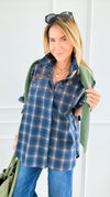 Plaid Blossom Italian Button-Down Top- Navy-110 Long Sleeve Tops-TATTOO Z-Coastal Bloom Boutique, find the trendiest versions of the popular styles and looks Located in Indialantic, FL