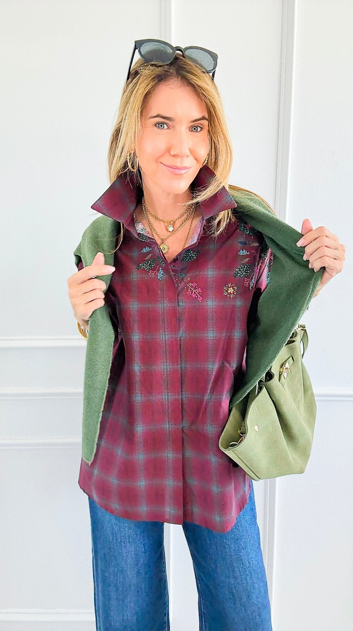 Plaid Blossom Italian Button-Down Top- Wine-110 Long Sleeve Tops-TATTOO Z-Coastal Bloom Boutique, find the trendiest versions of the popular styles and looks Located in Indialantic, FL