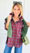Plaid Blossom Italian Button-Down Top- Wine-110 Long Sleeve Tops-TATTOO Z-Coastal Bloom Boutique, find the trendiest versions of the popular styles and looks Located in Indialantic, FL
