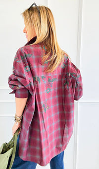 Plaid Blossom Italian Button-Down Top- Wine-110 Long Sleeve Tops-TATTOO Z-Coastal Bloom Boutique, find the trendiest versions of the popular styles and looks Located in Indialantic, FL